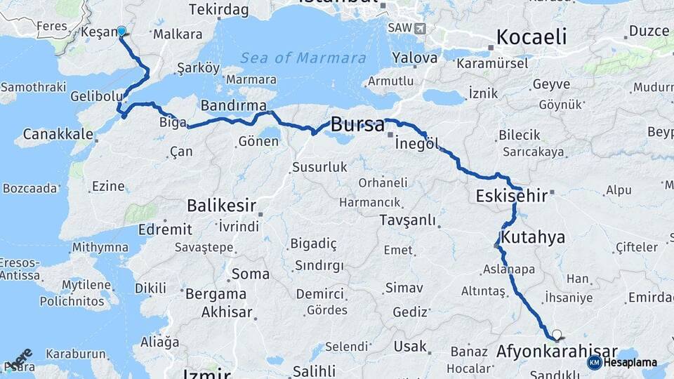 Edirne Keşan Afyonkarahisar Arası Kaç Km - Yol Haritası