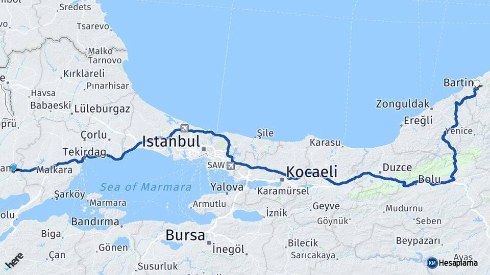 Edirne Keşan Bartın Arası Kaç Km - Yol Haritası