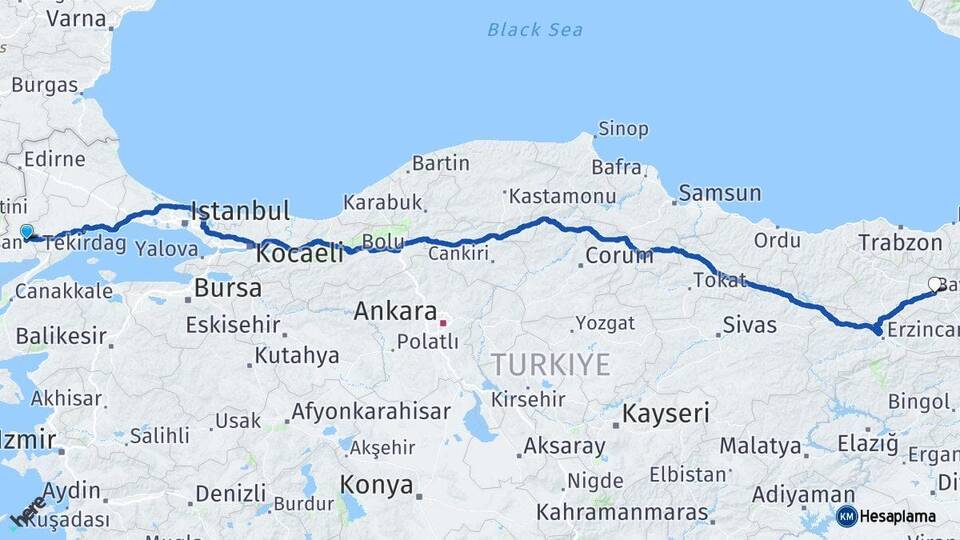 Edirne Keşan Bayburt Arası Kaç Km - Yol Haritası