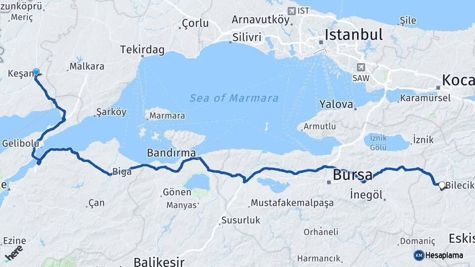 Edirne Keşan Bilecik Arası Kaç Km - Yol Haritası