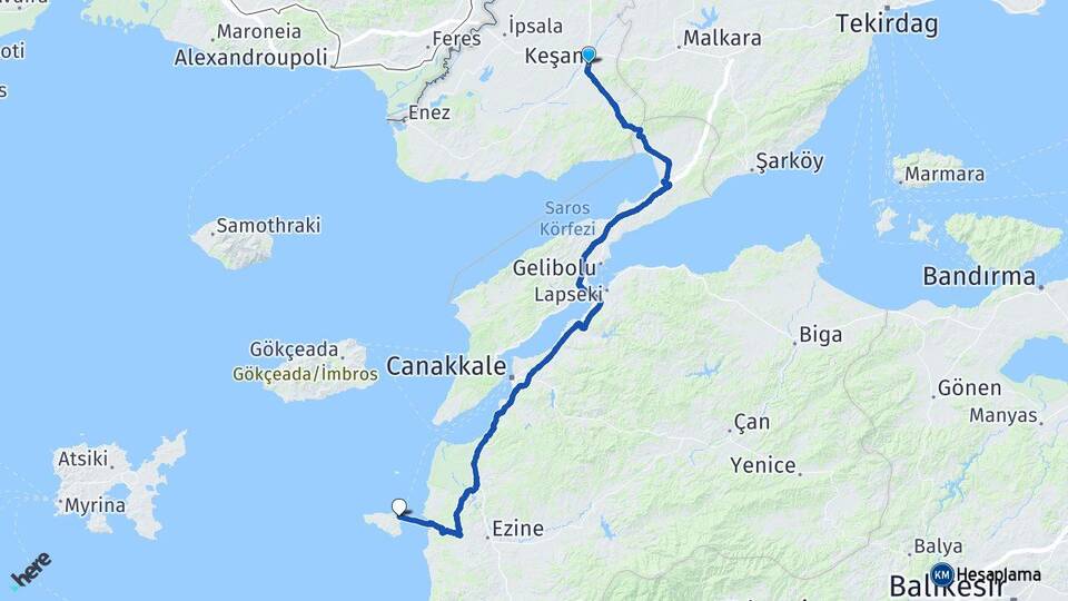 Edirne Keşan Bozcaada Çanakkale Arası Kaç Km - Yol Haritası