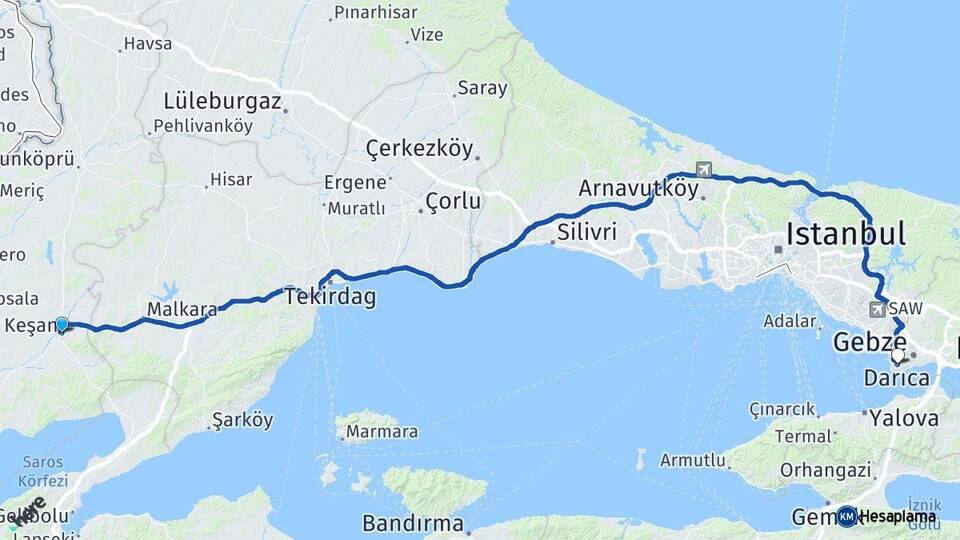 Edirne Keşan Darıca Kocaeli Arası Kaç Km - Yol Haritası