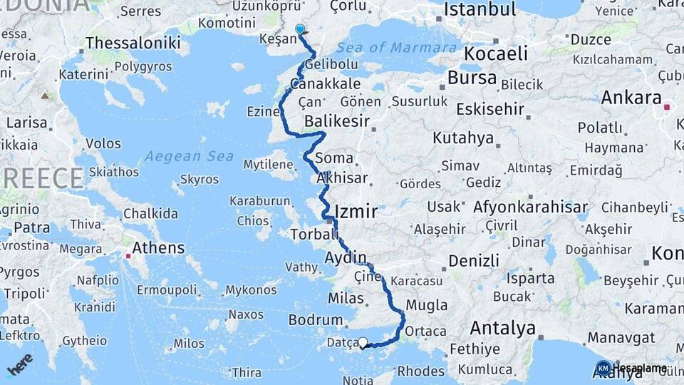 Edirne Keşan Datça Muğla Arası Kaç Km - Yol Haritası
