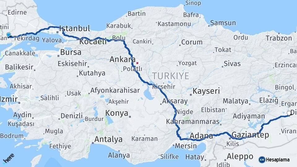 Edirne Keşan Diyarbakır Arası Kaç Km - Yol Haritası