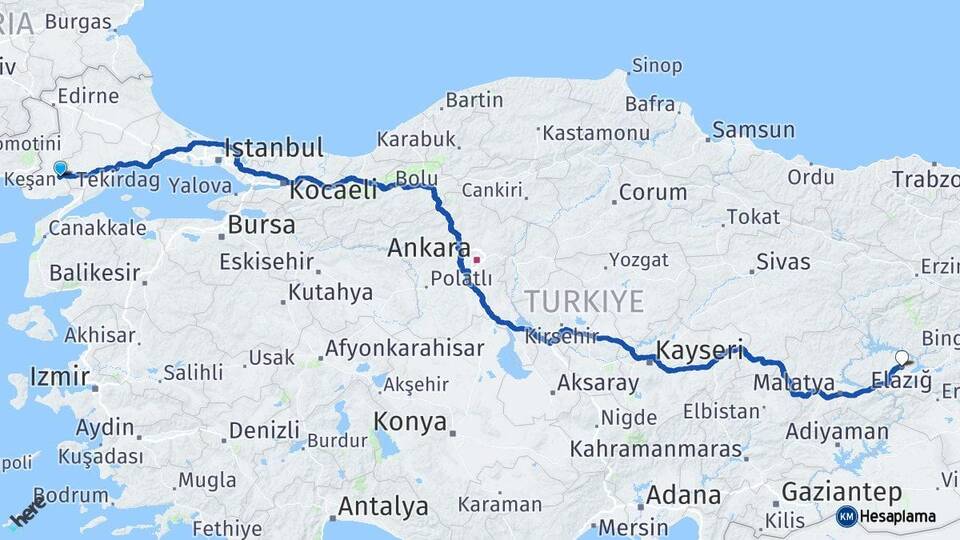 Edirne Keşan Elazığ Arası Kaç Km - Yol Haritası