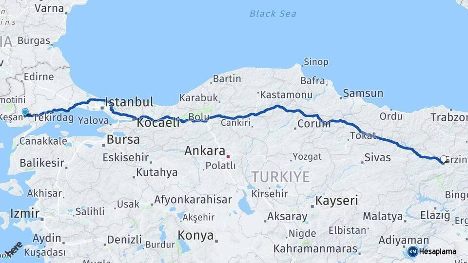 Edirne Keşan Erzincan Arası Kaç Km - Yol Haritası