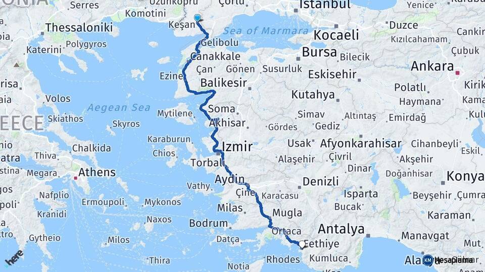Edirne Keşan Fethiye Muğla Arası Kaç Km - Yol Haritası