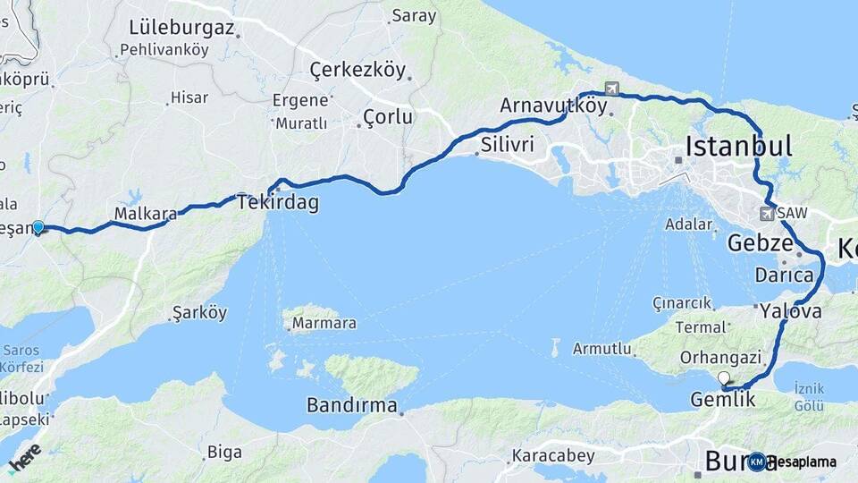 Edirne Keşan Gemlik Bursa Arası Kaç Km - Yol Haritası