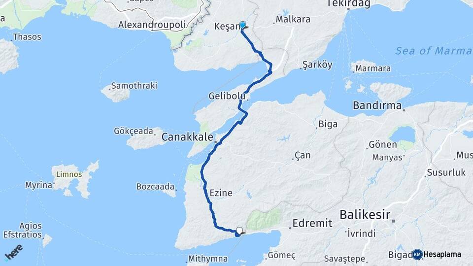 Edirne Keşan Gökçetepe Ayvacık Çanakkale Arası Kaç Km - Yol Haritası