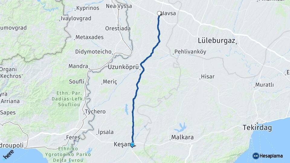 Edirne Keşan Havsa Arası Kaç Km - Yol Haritası