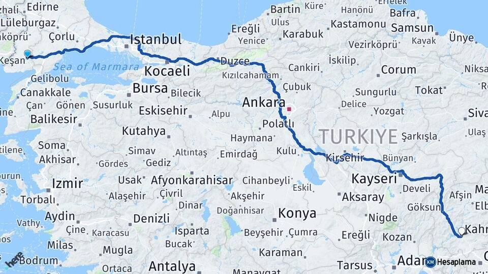 Edirne Keşan Kahramanmaraş Arası Kaç Km - Yol Haritası