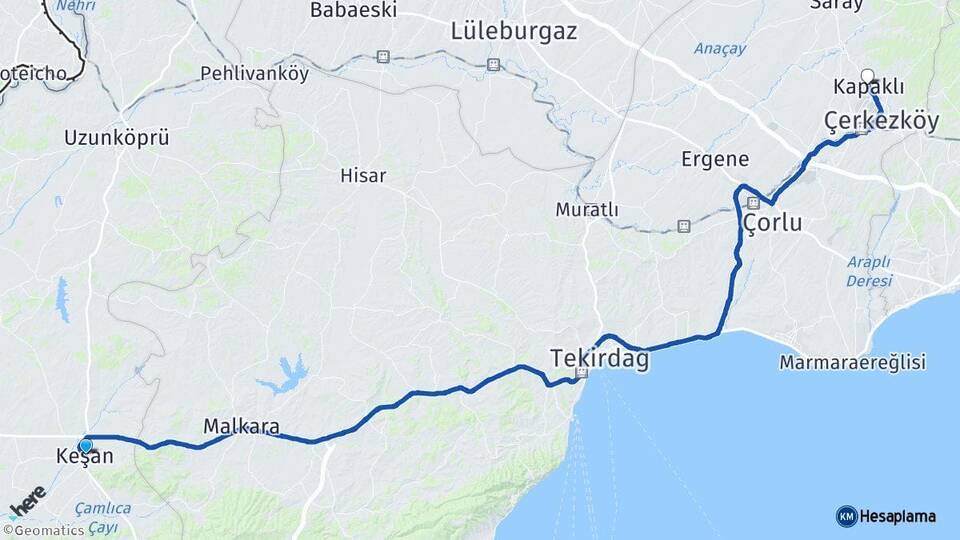 Edirne Keşan Kapaklı Tekirdağ Arası Kaç Km - Yol Haritası