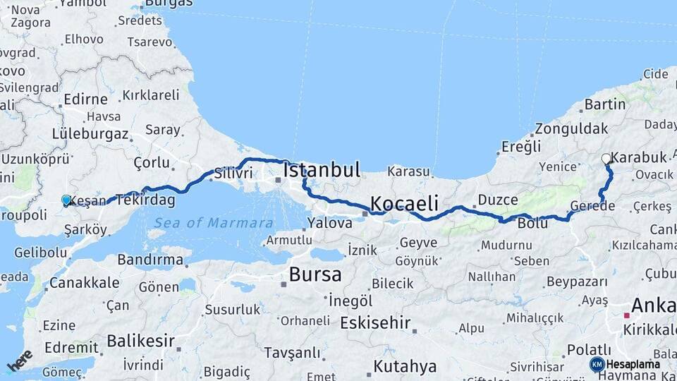 Edirne Keşan Karabük Arası Kaç Km - Yol Haritası