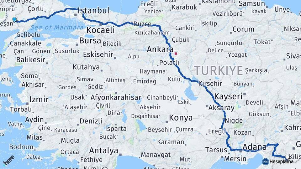 Edirne Keşan Kilis Arası Kaç Km - Yol Haritası