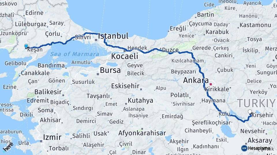 Edirne Keşan Kırşehir Arası Kaç Km - Yol Haritası