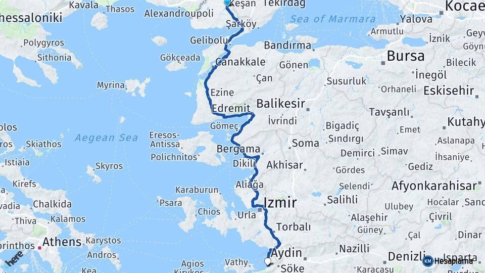 Edirne Keşan Kuşadası Aydın Arası Kaç Km - Yol Haritası