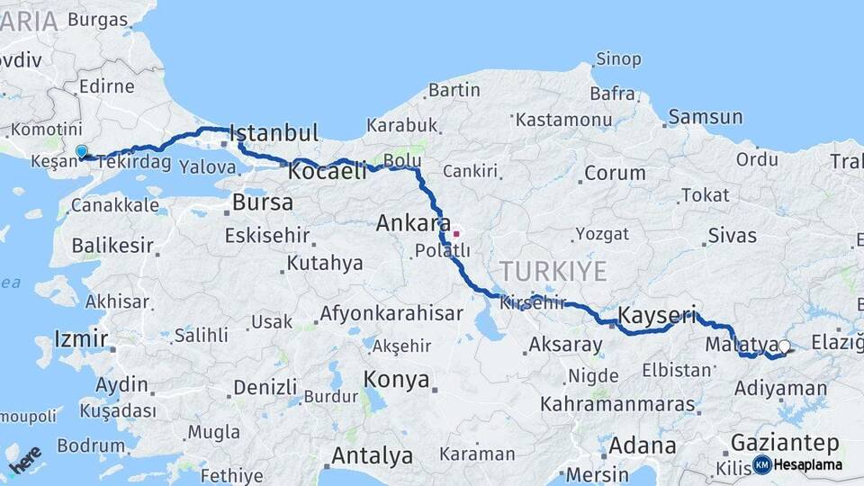 Edirne Keşan Malatya Arası Kaç Km - Yol Haritası