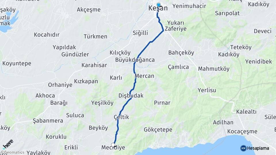 Edirne Keşan Mecidiye Keşan Arası Kaç Km - Yol Haritası