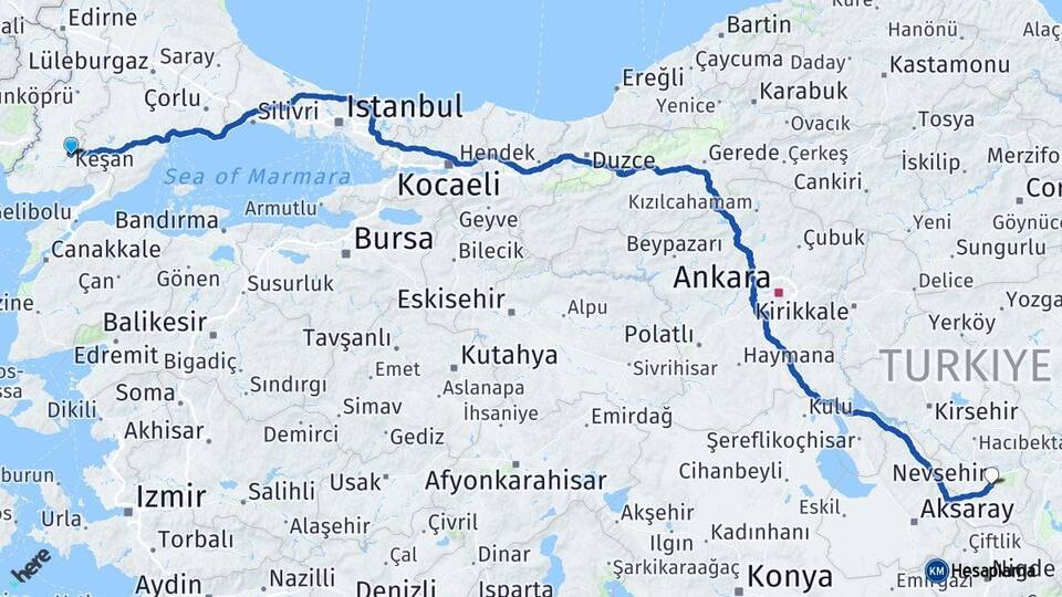 Edirne Keşan Nevşehir Arası Kaç Km - Yol Haritası