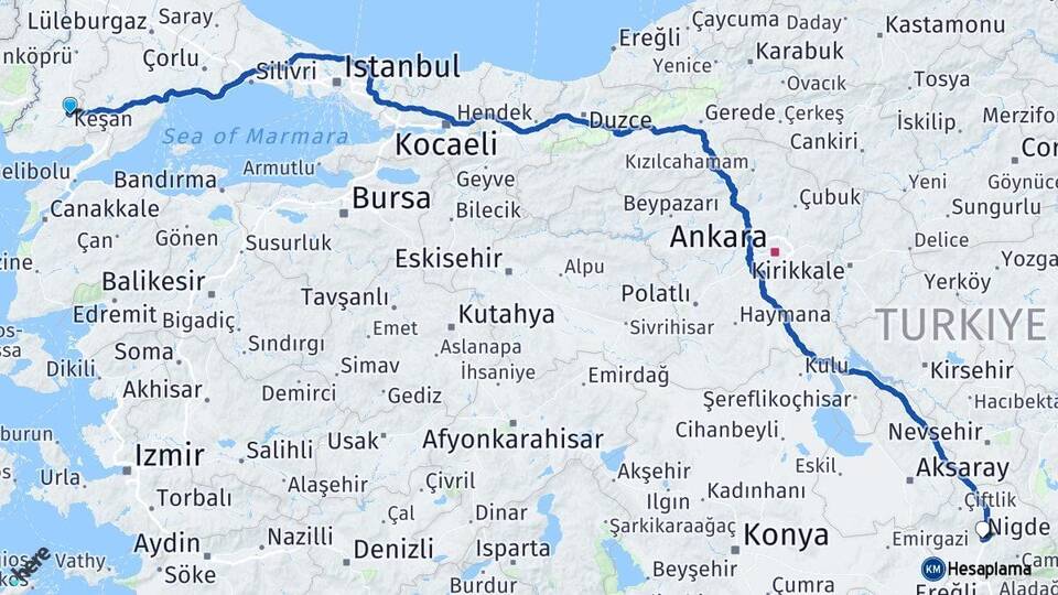Edirne Keşan Niğde Arası Kaç Km - Yol Haritası