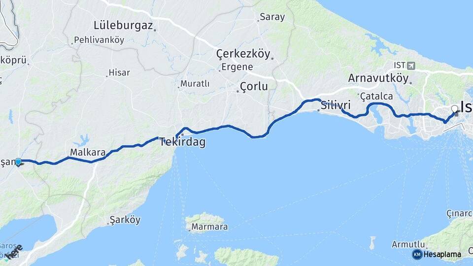Edirne Keşan Okmeydanı Şişli İstanbul Arası Kaç Km - Yol Haritası