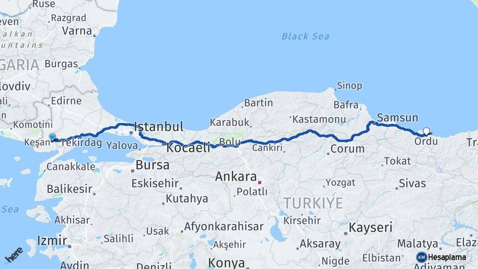 Edirne Keşan Ordu Arası Kaç Km - Yol Haritası
