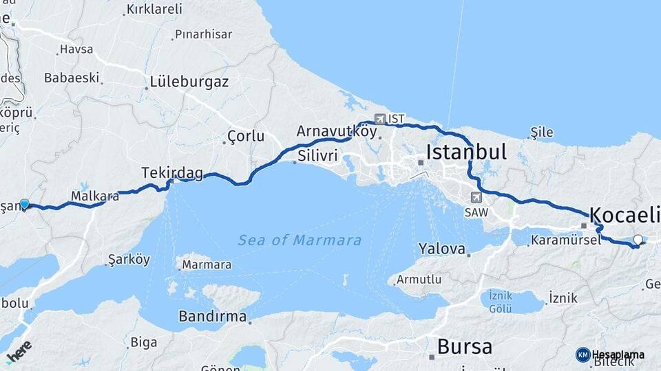 Edirne Keşan Sapanca Sakarya Arası Kaç Km - Yol Haritası