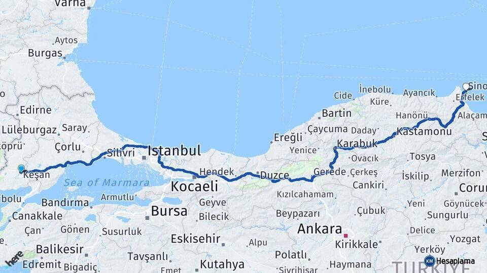 Edirne Keşan Sinop Arası Kaç Km - Yol Haritası