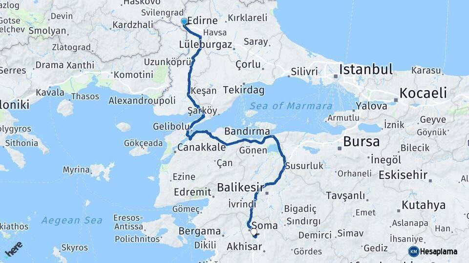 Edirne Kırkağaç Manisa Arası Kaç Km - Yol Haritası