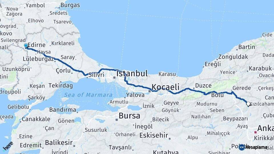 Edirne Kızılcahamam Ankara Arası Kaç Km - Yol Haritası