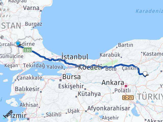 Edirne Kızılırmak Çankırı Arası Kaç Km - Yol Haritası