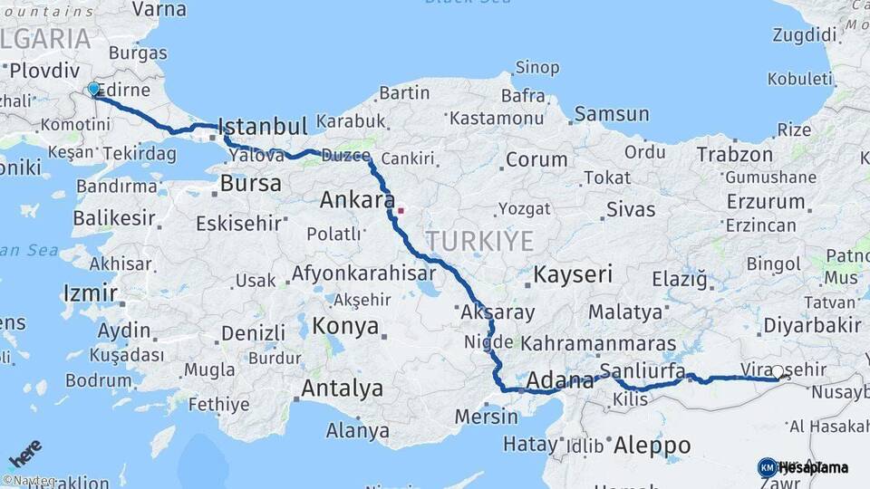 Edirne Kızıltepe Mardin Arası Kaç Km - Yol Haritası