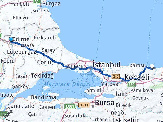 Edirne Kocaali Sakarya Arası Kaç Km - Yol Haritası