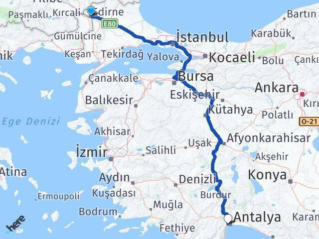 Edirne Konyaaltı Antalya Arası Kaç Km - Yol Haritası