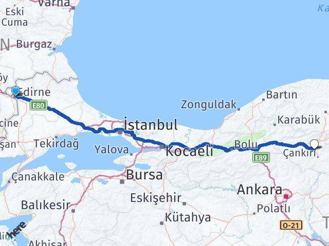 Edirne Korgun Çankırı Arası Kaç Km - Yol Haritası