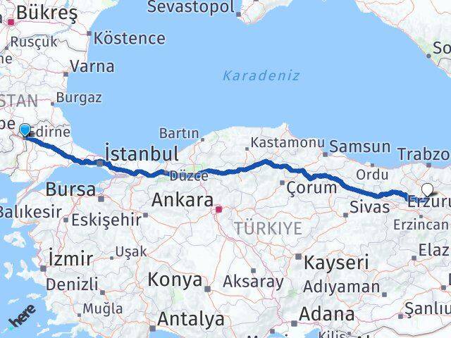 Edirne Köse Gümüşhane Arası Kaç Km - Yol Haritası