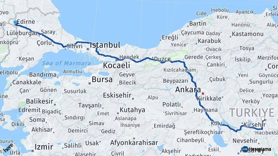 Edirne Kozaklı Nevşehir Arası Kaç Km - Yol Haritası