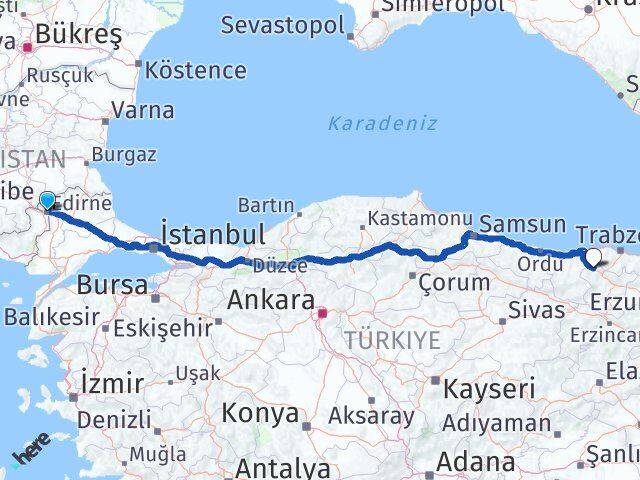 Edirne Kürtün Gümüşhane Arası Kaç Km - Yol Haritası