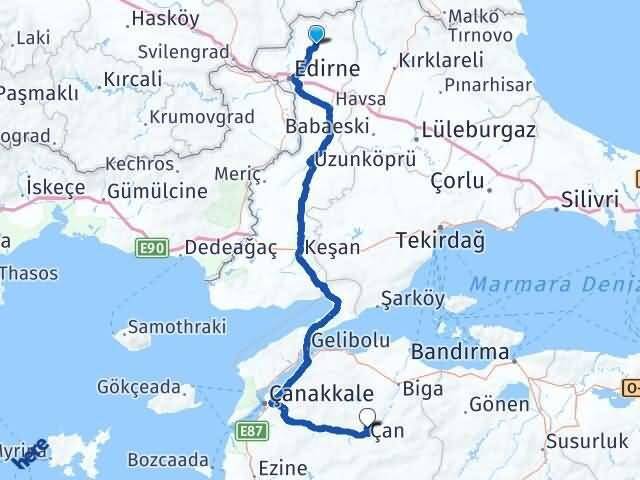 Edirne Lalapaşa Çan Çanakkale Arası Kaç Km - Yol Haritası