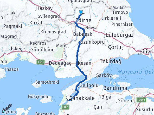 Edirne Lalapaşa Çanakkale Arası Kaç Km - Yol Haritası