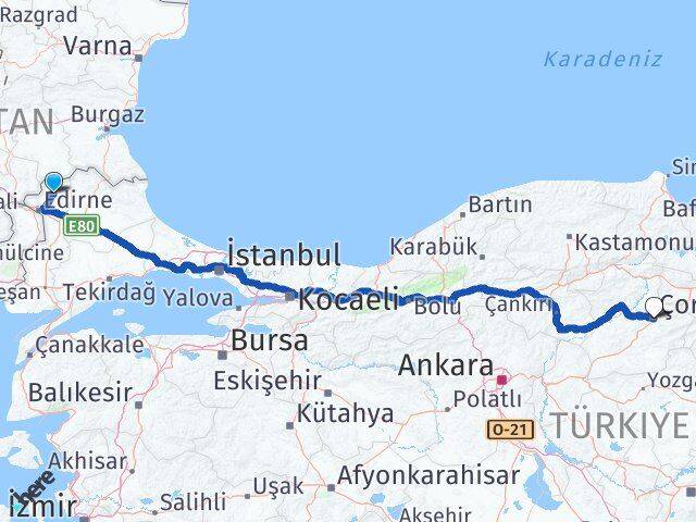 Edirne Lalapaşa Çorum Arası Kaç Km - Yol Haritası