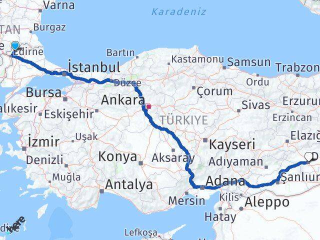 Edirne Lalapaşa Diyarbakır Arası Kaç Km - Yol Haritası