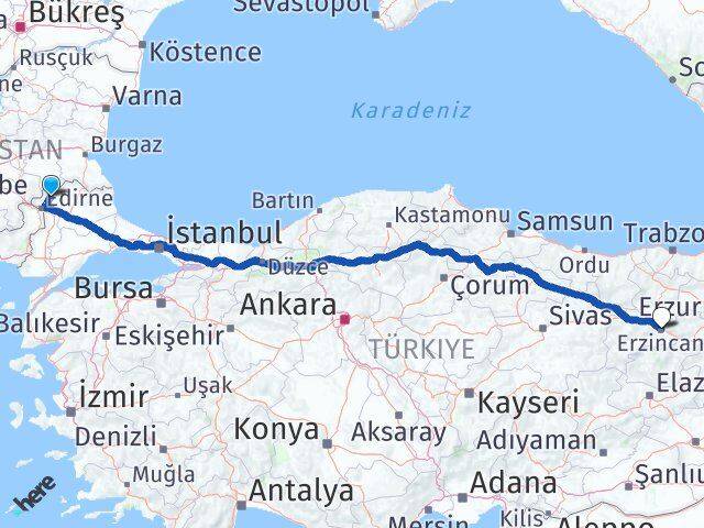 Edirne Lalapaşa Erzincan Arası Kaç Km - Yol Haritası