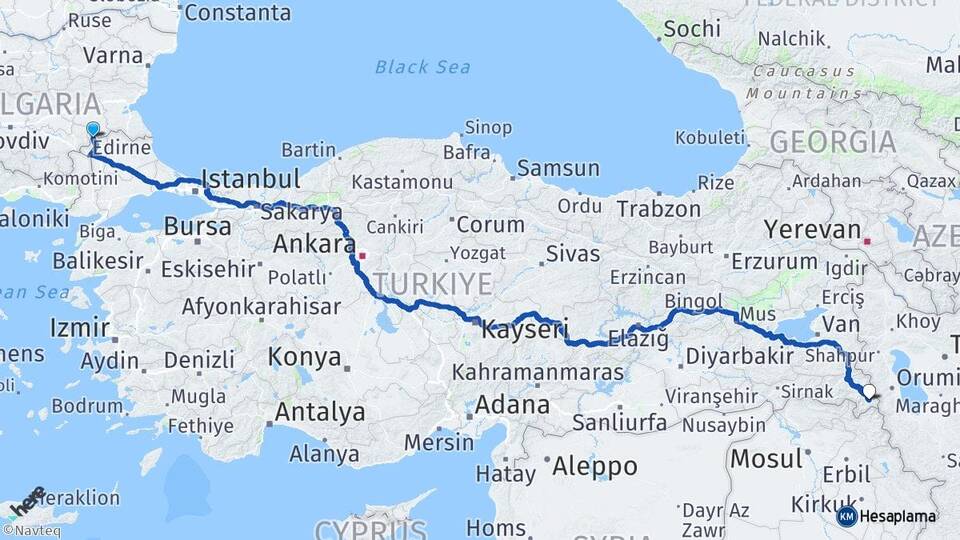 Edirne Lalapaşa Hamzabeyli Şemdinli Hakkari Arası Kaç Km - Yol Haritası