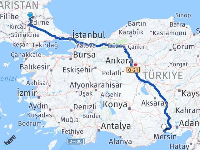 Edirne Lalapaşa Hamzabeyli Toroslar Mersin Arası Kaç Km - Yol Haritası