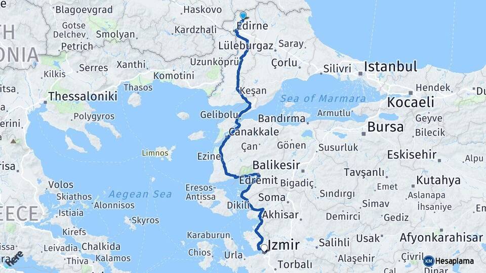 Edirne Lalapaşa İzmir Arası Kaç Km - Yol Haritası