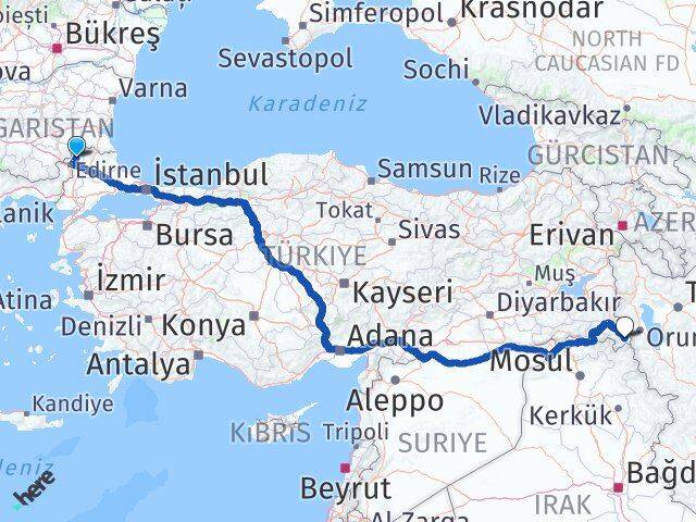 Edirne Lalapaşa Şemdinli Hakkari Arası Kaç Km - Yol Haritası
