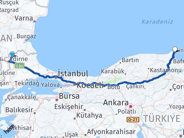 Edirne Lalapaşa Sinop Arası Kaç Km - Yol Haritası