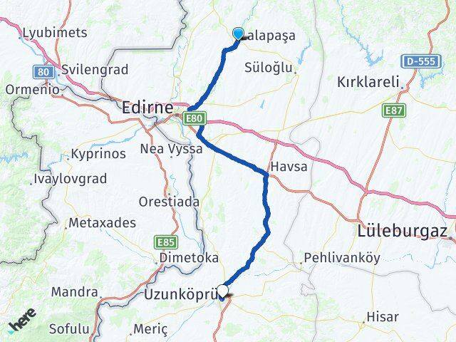 Edirne Lalapaşa Uzunköprü Arası Kaç Km - Yol Haritası