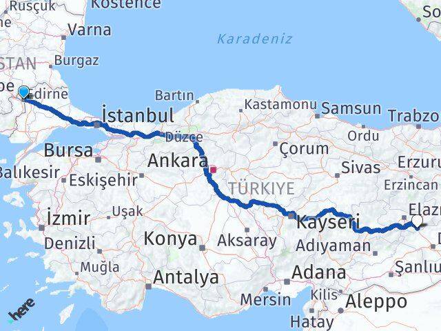 Edirne Maden Elazığ Arası Kaç Km - Yol Haritası